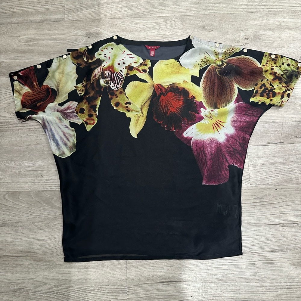 Ted Baker Black Short Sleeve Top with Floral Shoulder Print